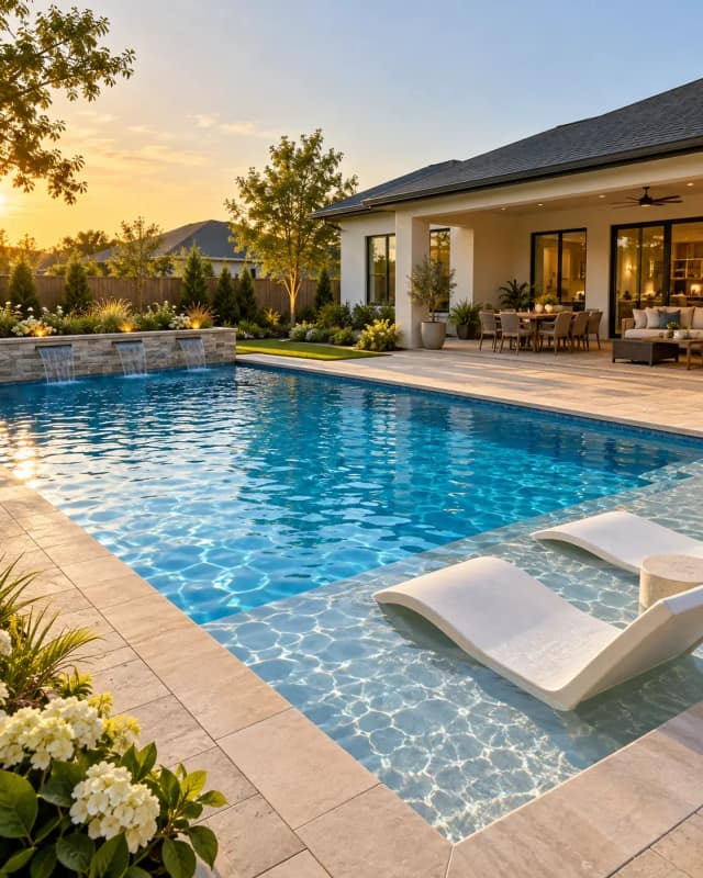 Swimming pool design with a sun shelf and stone patio